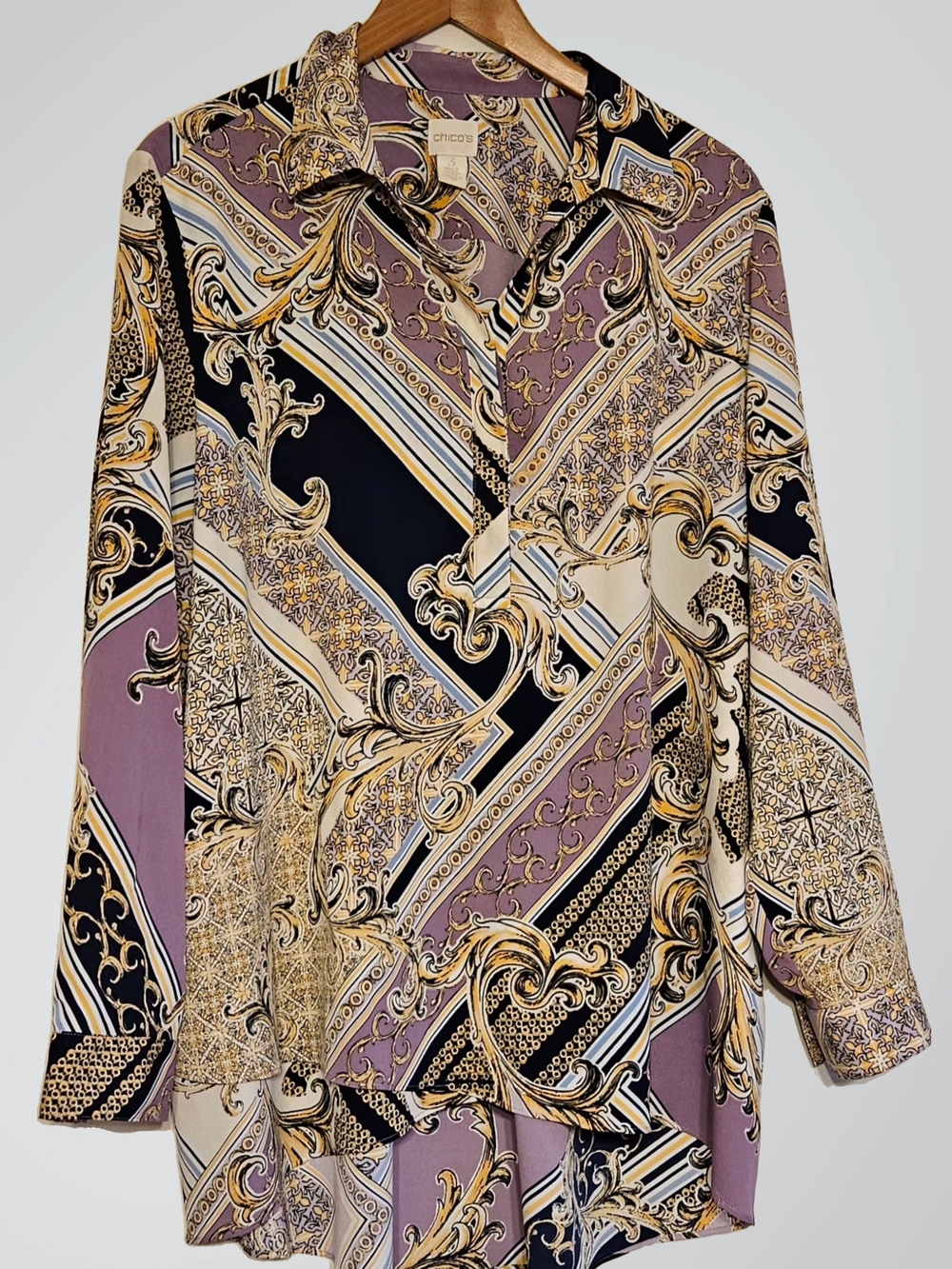 ​Chico's Size 3 XL Baroque Scarf Print Hi-Low Tunic Blouse Lilac Gold